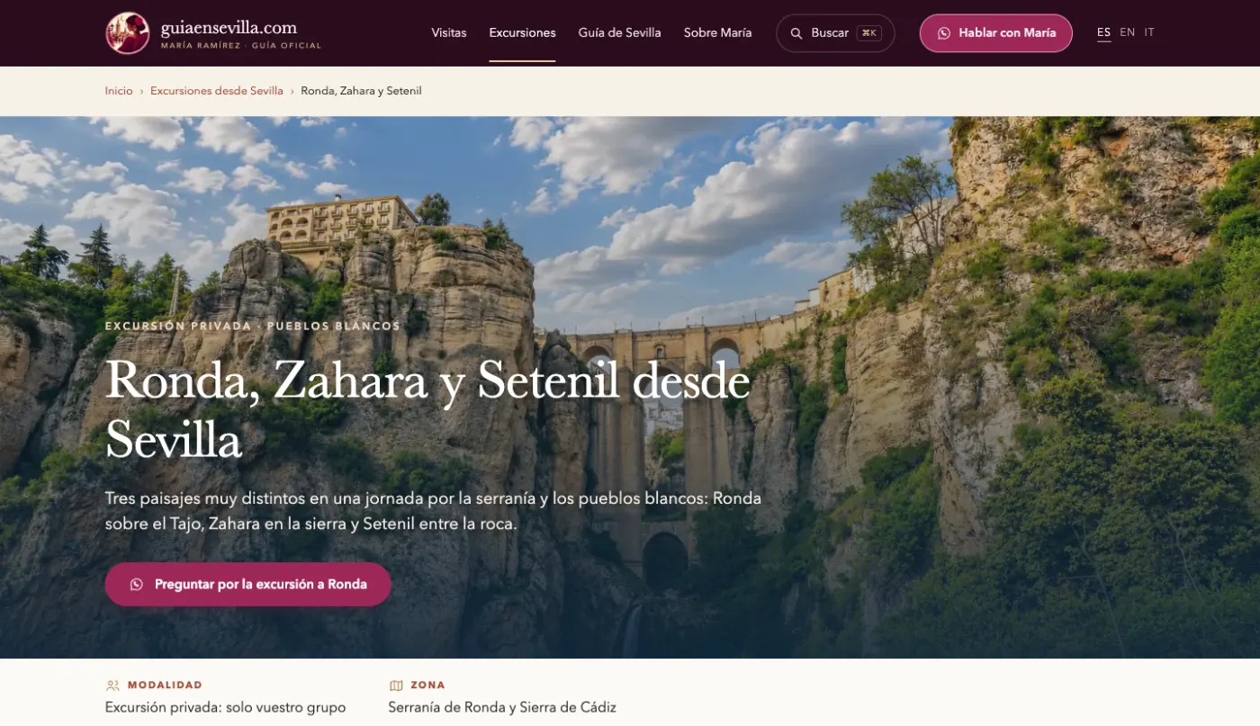 Página de la excursión «Ronda, Zahara y Setenil desde Sevilla» con su modalidad y zona.