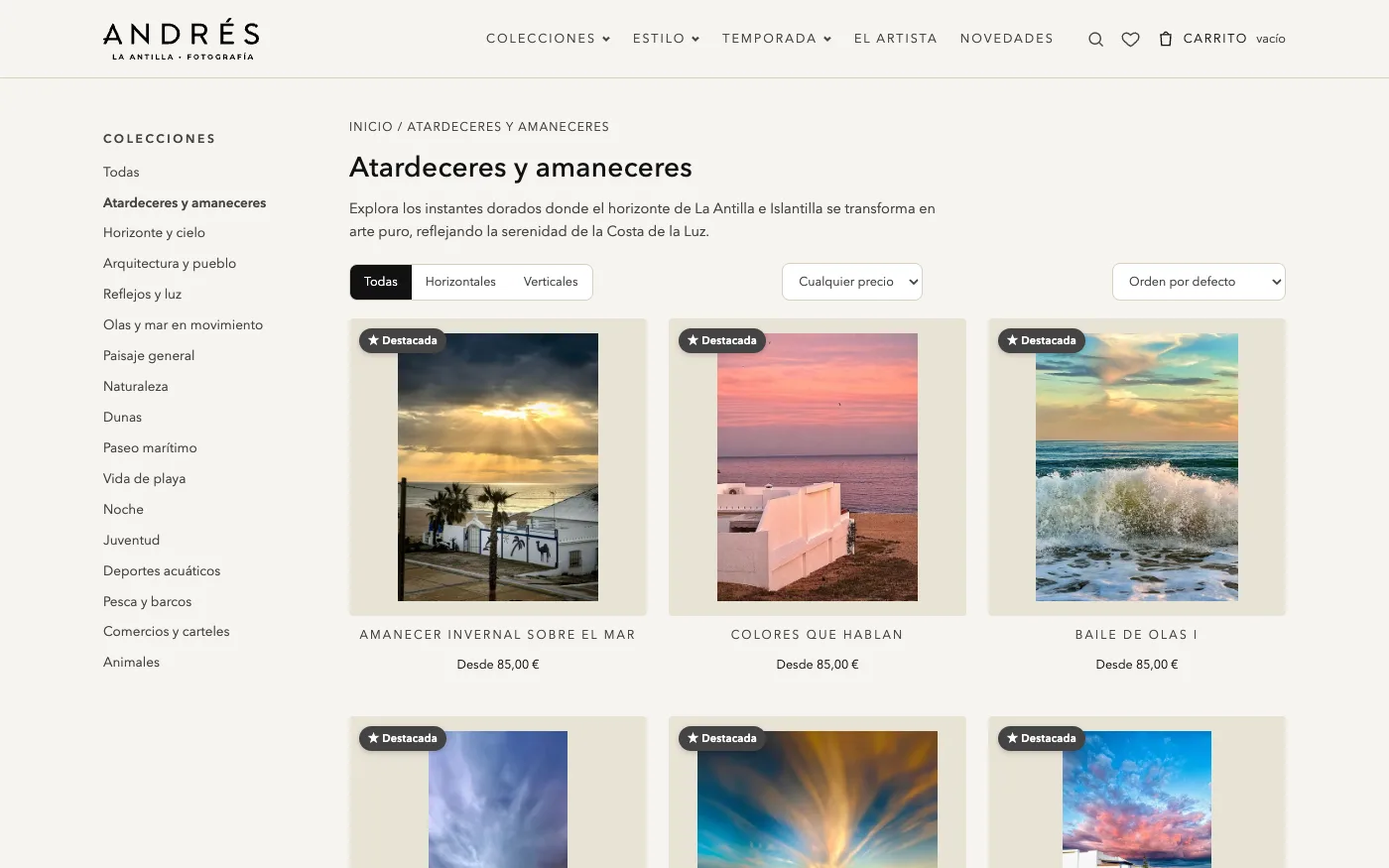 Colección «Atardeceres y amaneceres» de lantilla.com con filtros por colección, orientación y precio y las fotografías destacadas.