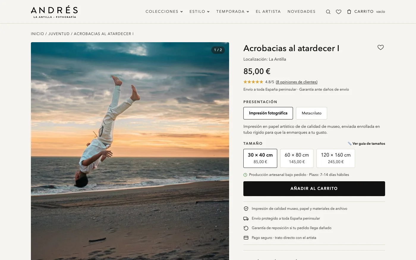 Ficha de la fotografía «Acrobacias al atardecer I» con selector de presentación, tres tamaños con su precio y el botón de añadir al carrito.
