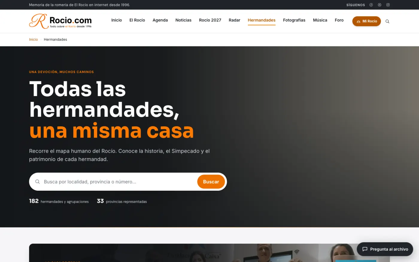 Directorio de hermandades de Rocio.com con buscador por localidad y el número de hermandades registradas.