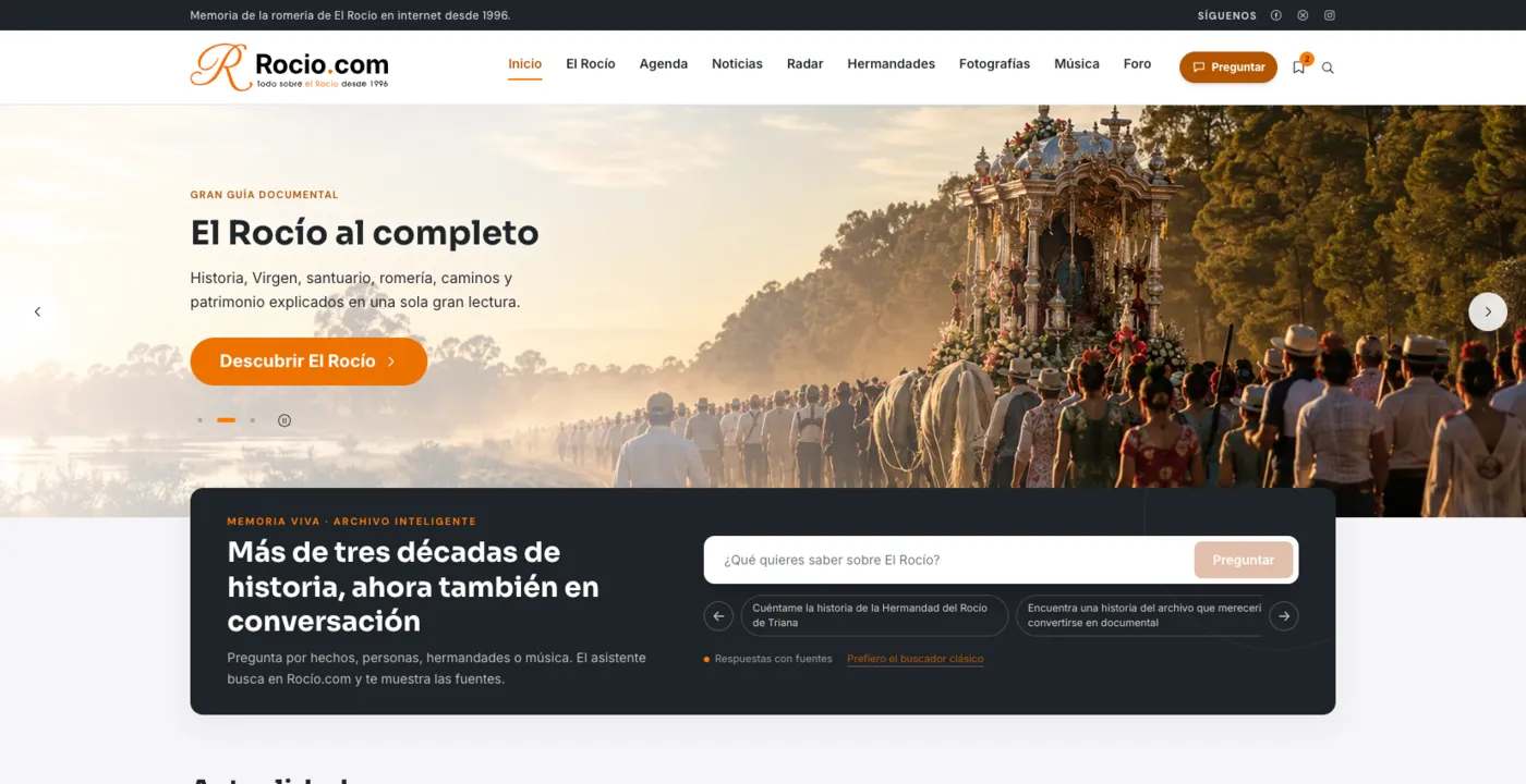 Captura de la portada de Rocio.com: guía documental «El Rocío al completo» y buscador conversacional sobre más de tres décadas de archivo.