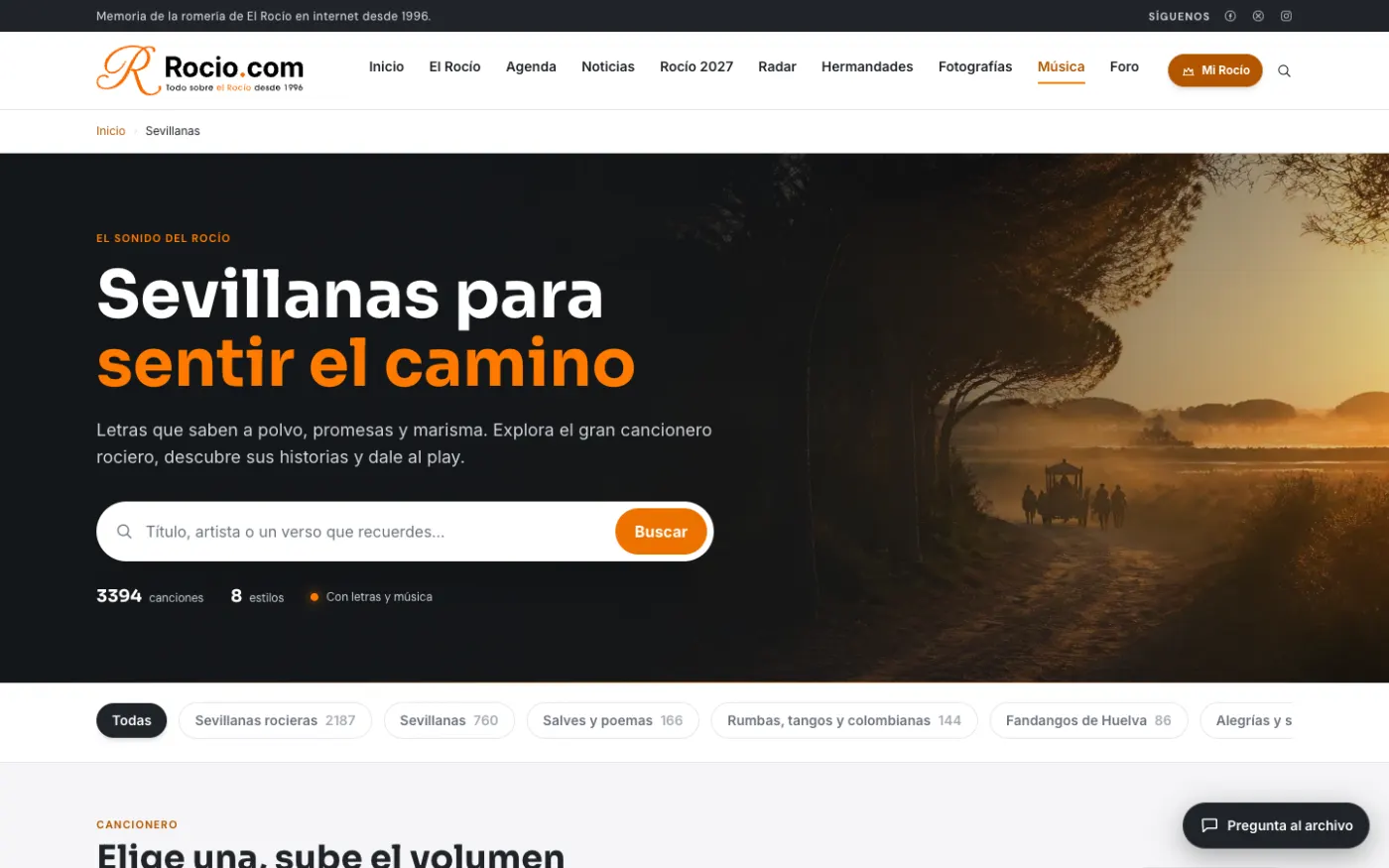 Sección de sevillanas de Rocio.com con buscador de letras y el catálogo del cancionero rociero.