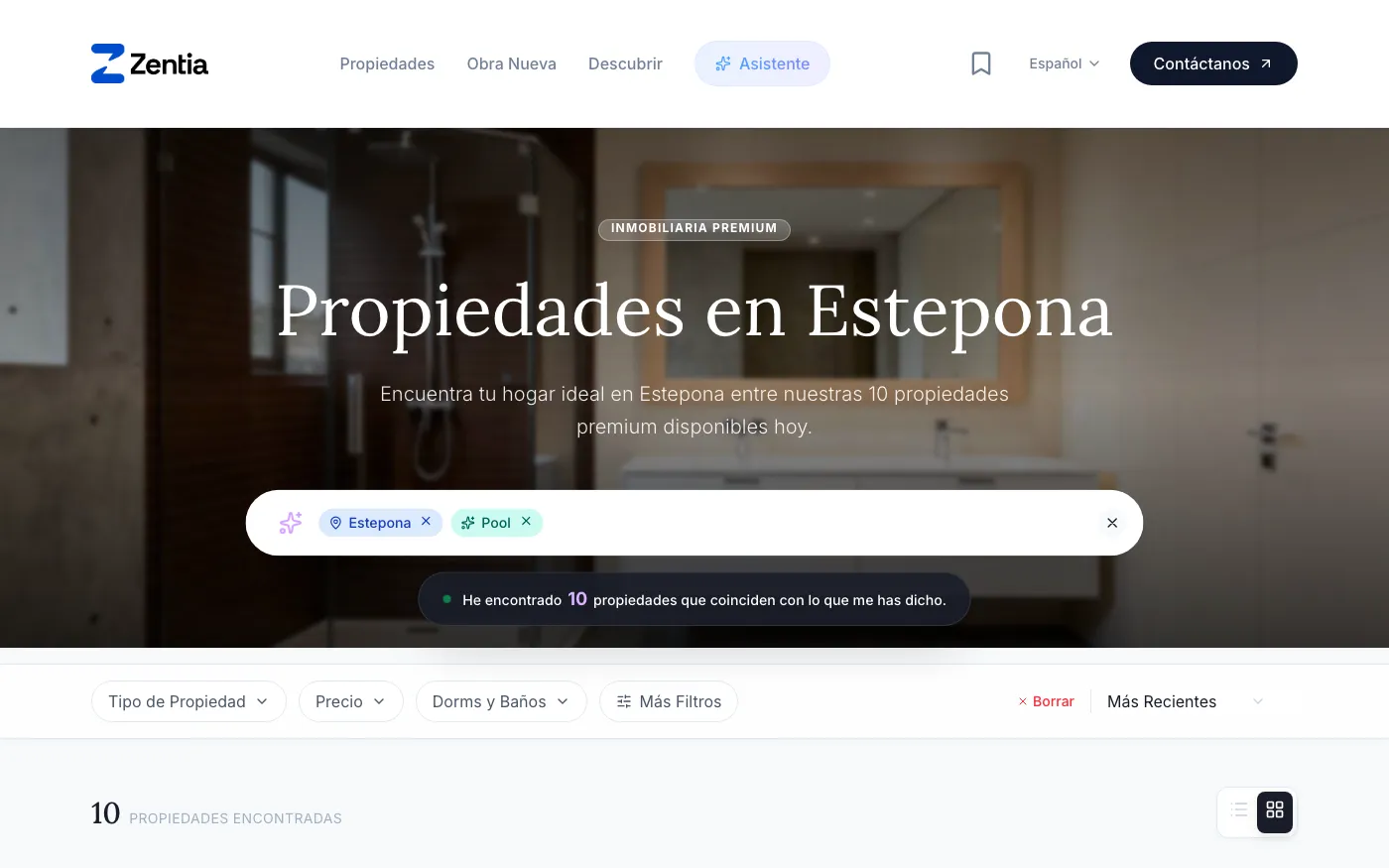 Buscador de Zentia: «casa en Estepona con piscina» convertida en los filtros Estepona y Pool, con diez propiedades encontradas.