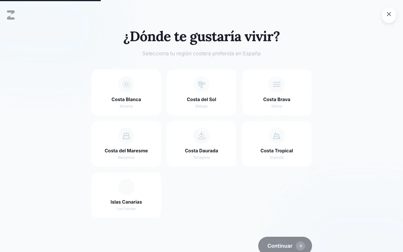 Onboarding de Zentia: «¿Dónde te gustaría vivir?» con las regiones costeras de España para elegir.