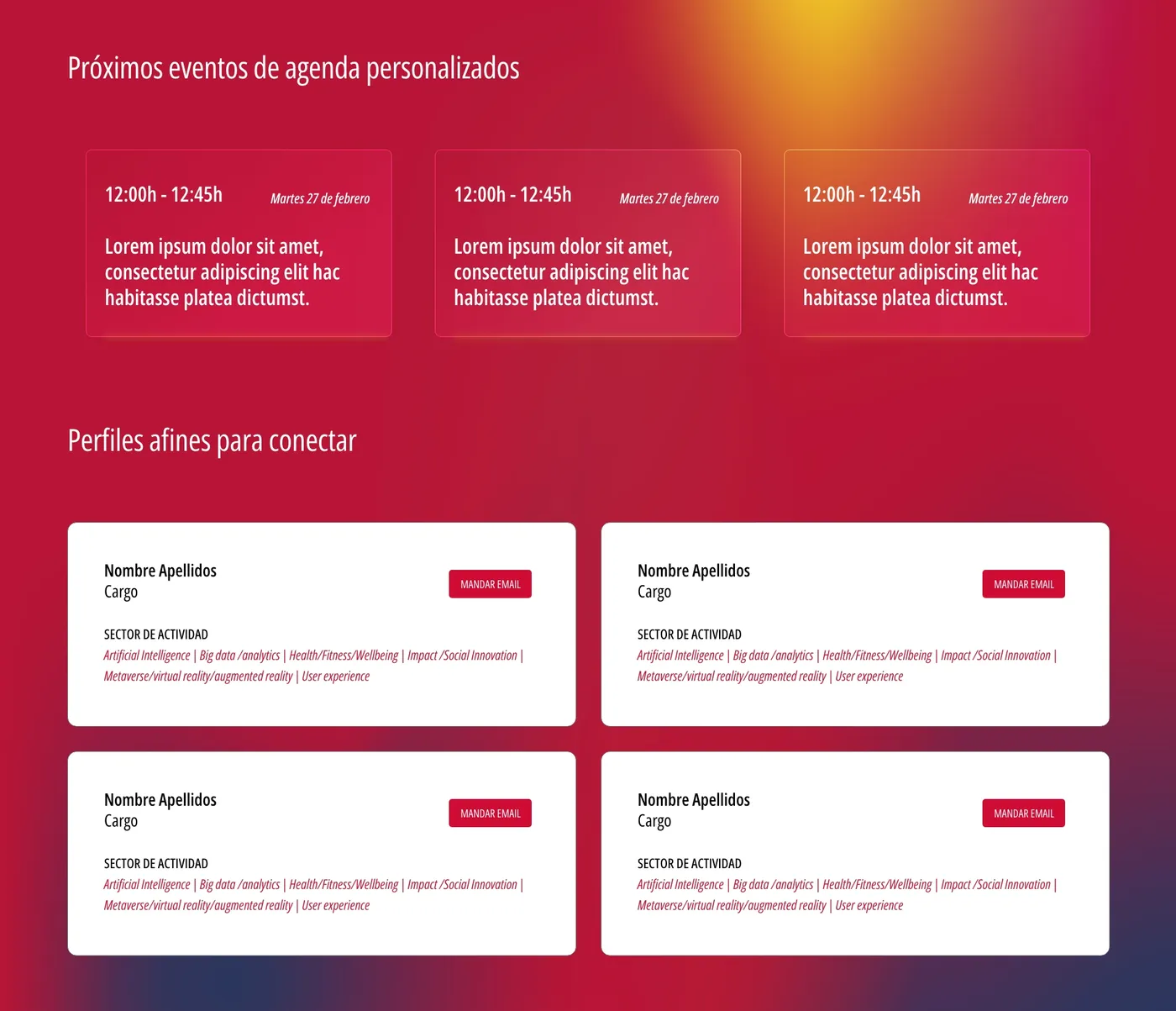 Webapp del Pabellón de España en MWC 2024: agenda personalizada de eventos y perfiles afines para conectar.