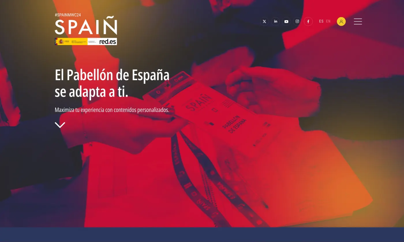 Portada de la webapp del Pabellón de España en MWC 2024: «El Pabellón de España se adapta a ti».
