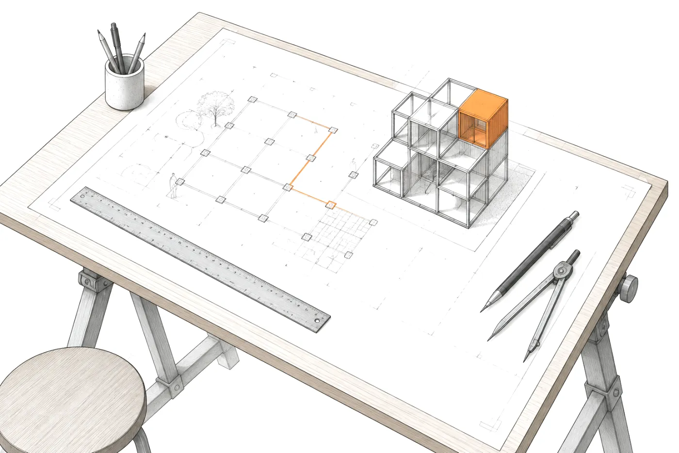 Mesa de dibujo con un plano de sistema, regla, compás y una maqueta modular construida a partir del plano