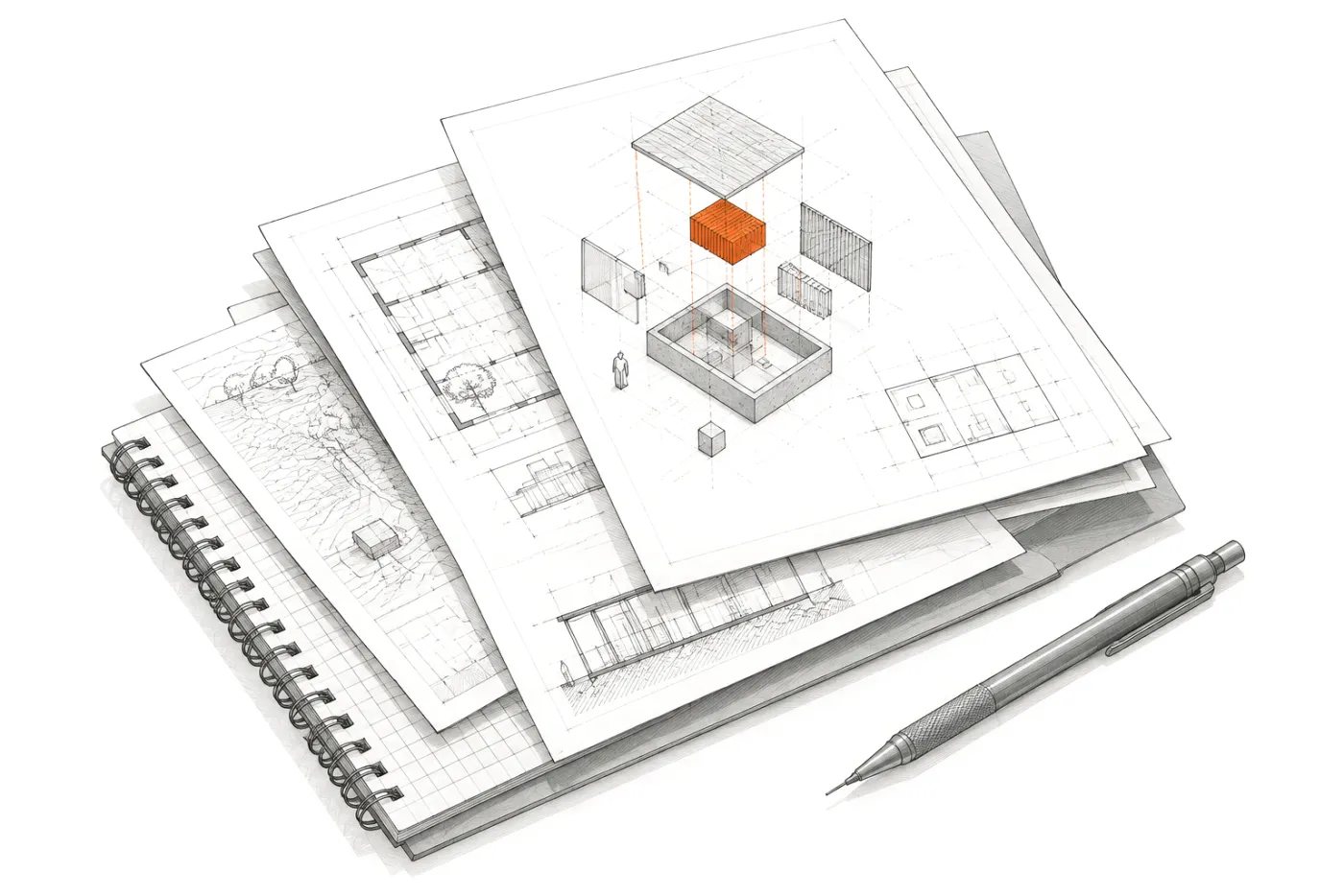 Pila de planos y cuadernos técnicos con un diagrama de sistema en la hoja superior