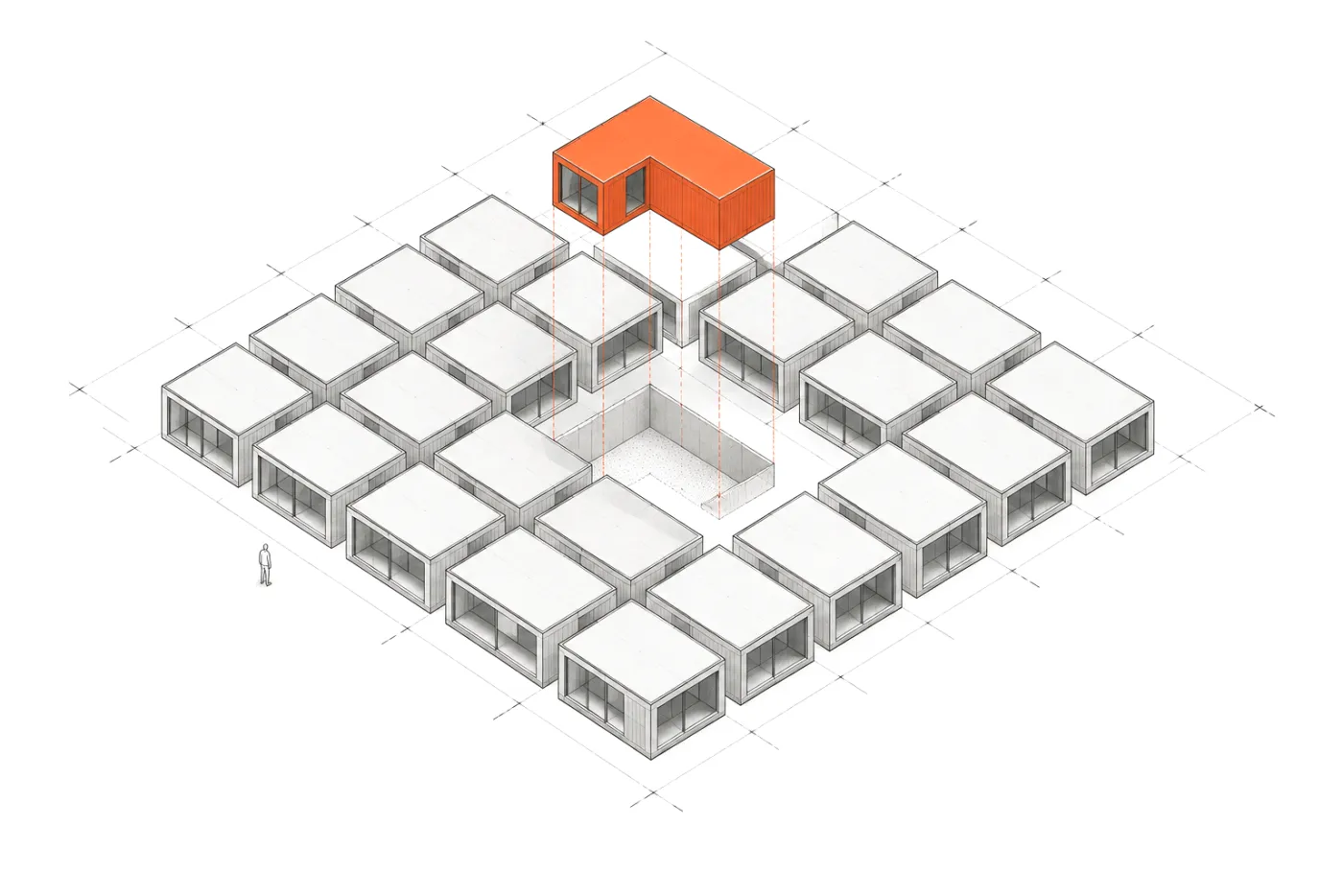 A grid of identical standard modules with an irregular gap and a custom-made orange piece that fits into it