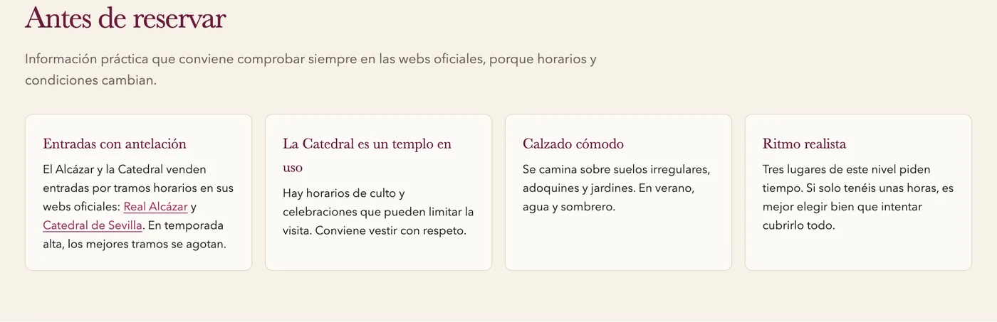 Bloque «Antes de reservar» con entradas, horarios de culto, calzado y ritmo de la visita.