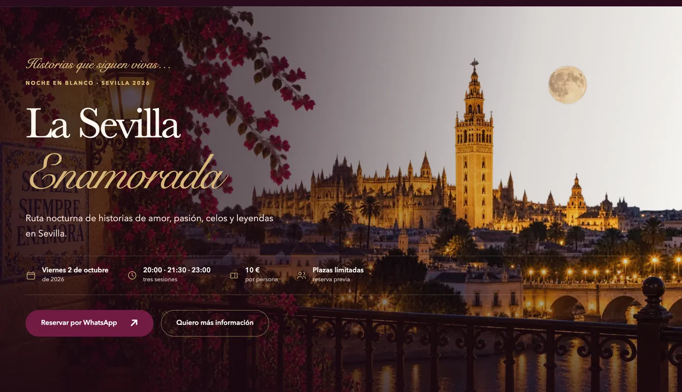 Landing de la ruta nocturna «La Sevilla Enamorada» con fecha, horarios, precio y botón de reserva por WhatsApp.