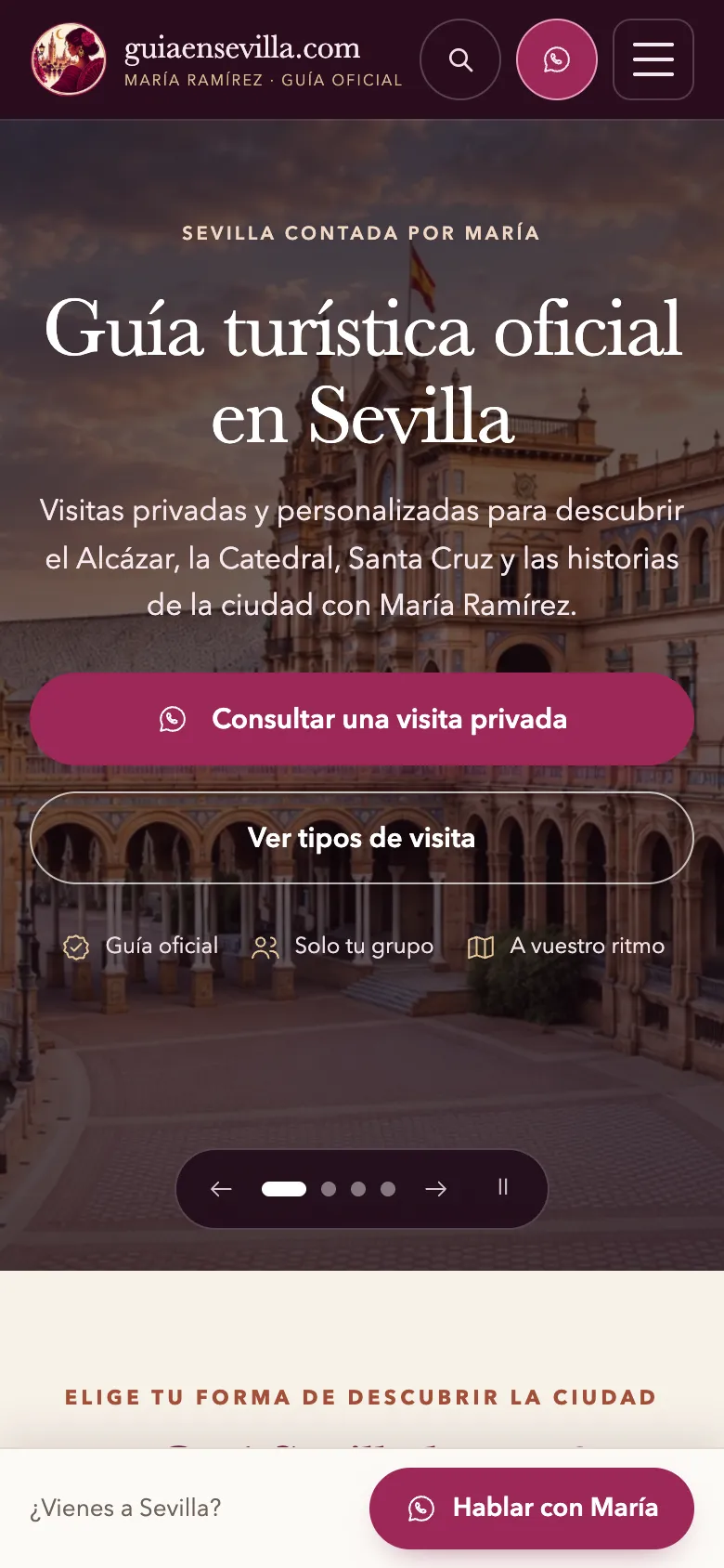 Portada de guiaensevilla.com en un móvil, con la barra «Hablar con María» fija abajo.